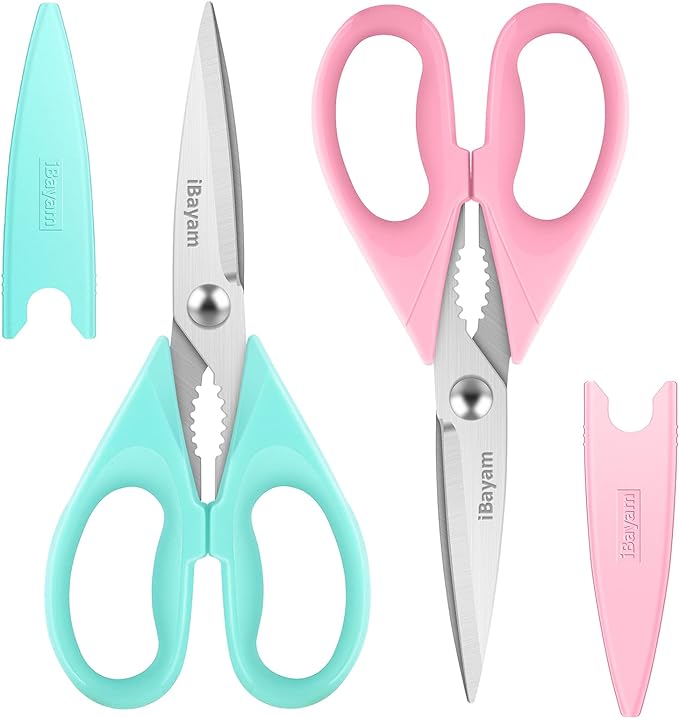 Kitchen Scissors - All Purpose Heavy Duty Meat Scissors, Poultry Shears, Dishwasher Safe, Stainless Steel, 2-Pack, Pastel Pink, Mint Blue