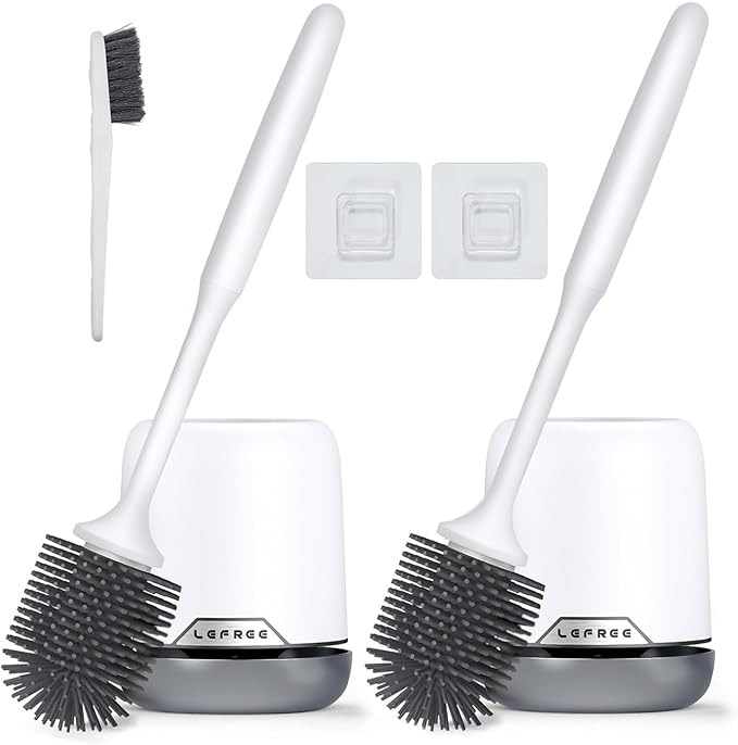 Lefree 2 Pack Silicone Toilet Brush Set with Ventilated Holder, Floor Standing & Wall Mounted Toilet Scrubber