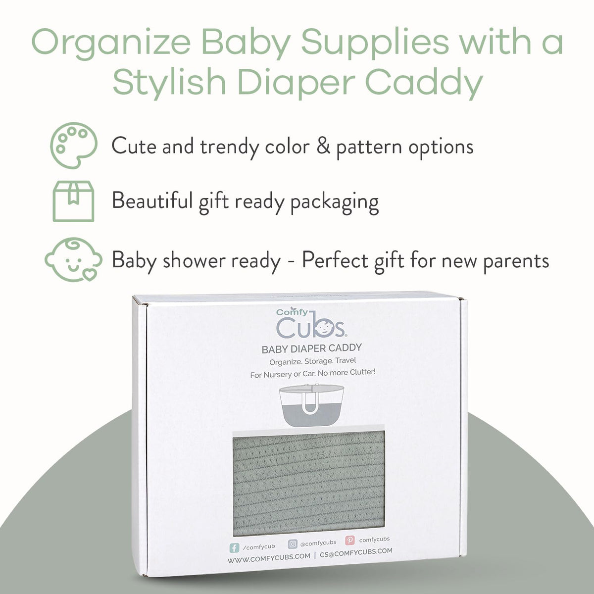 Comfy Cubs Rope Diaper Caddy Organizer 8.5" x 15" x 8" - Large Baby Diaper Basket with 3 Spacious Compartments - Stylish Cotton Baby Caddy Organizer for Diapers, Wipes & Essentials - Sage