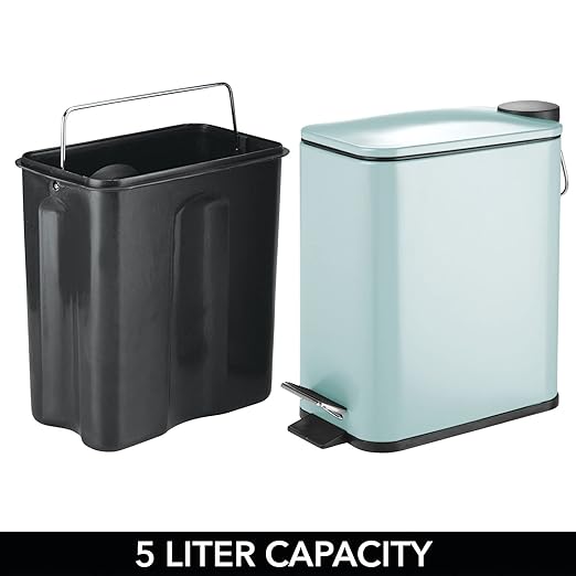 mDesign Slim Metal Rectangle 1.3 Gallon/5 Liter Trash Can with Step Pedal, Easy-Close Lid, Removable Liner - Narrow Wastebasket Garbage Container Bin for Bathroom, Bedroom, Kitchen - Matte Mint Green