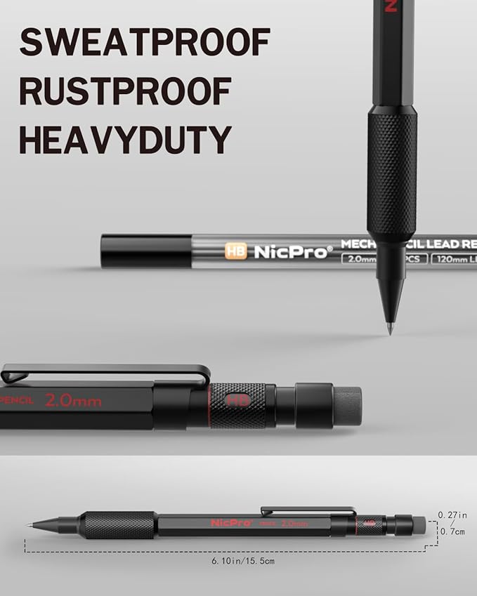 Nicpro 2mm Mechanical Pencils Set with Case, 12 Black Lead Refills,12 Colored Lead Refills, Erasers - MP2000 Weatherproof Metal Lead Holder, Heavy Duty Carpenter Pencil For Writing Drawing Woodworking