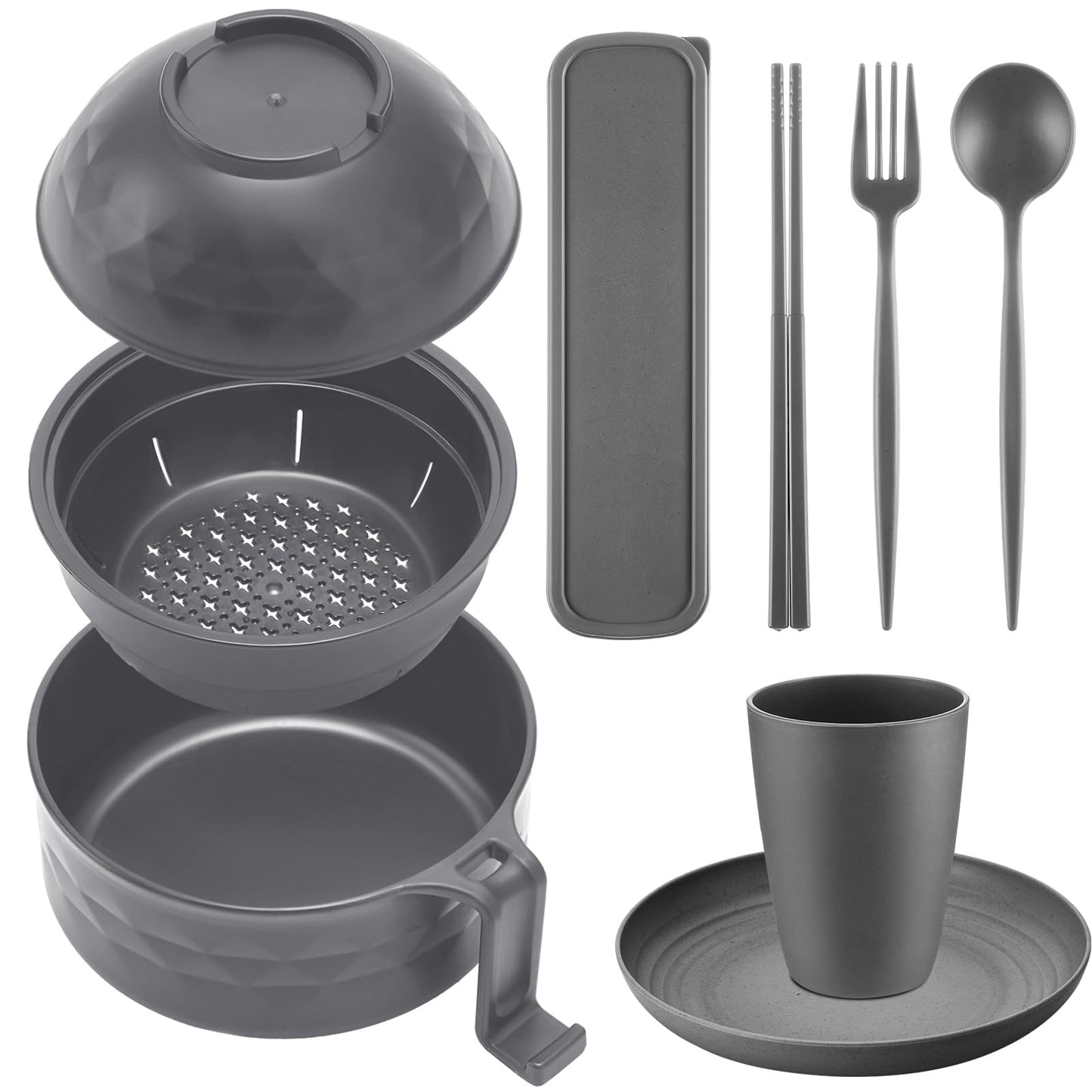 Romooa 6 Pcs Microwave Ramen Cooker Set Microwavable Wheat Straw Dinnerware Sets with 40oz Ramen Bowl, Plates, Cups and Cutlery Box, Dishwasher Safe Camping College Dorm (Grey)