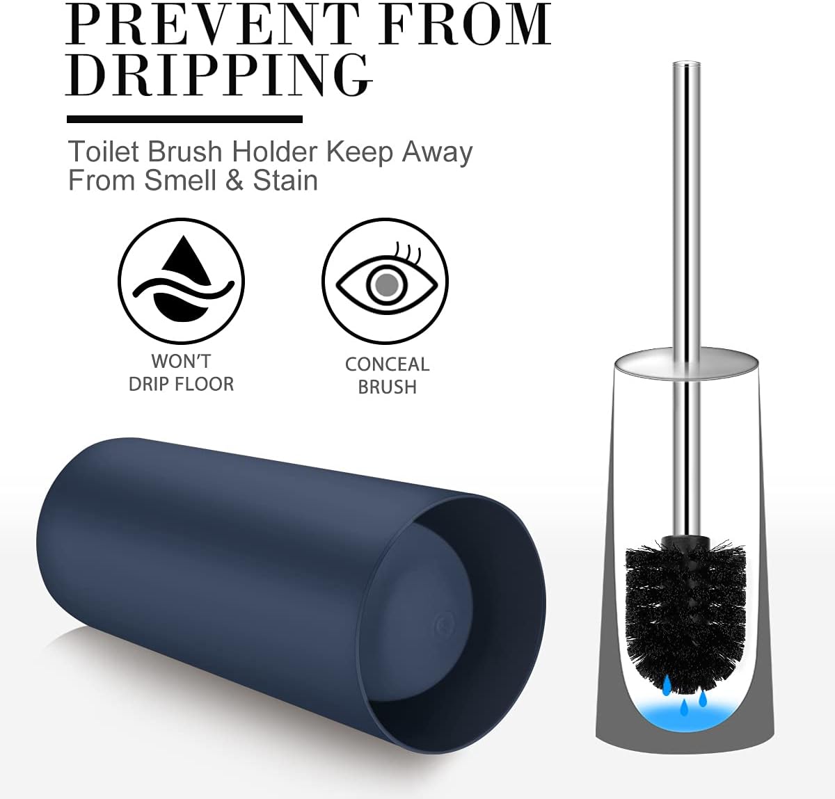 Toilet Brush and Holder, 2 Pack Toilet Brush with 304 Stainless Steel Long Handle, Toilet Bowl Brush for Bathroom Toilet-Ergonomic, Elegant,Durable (Blue)