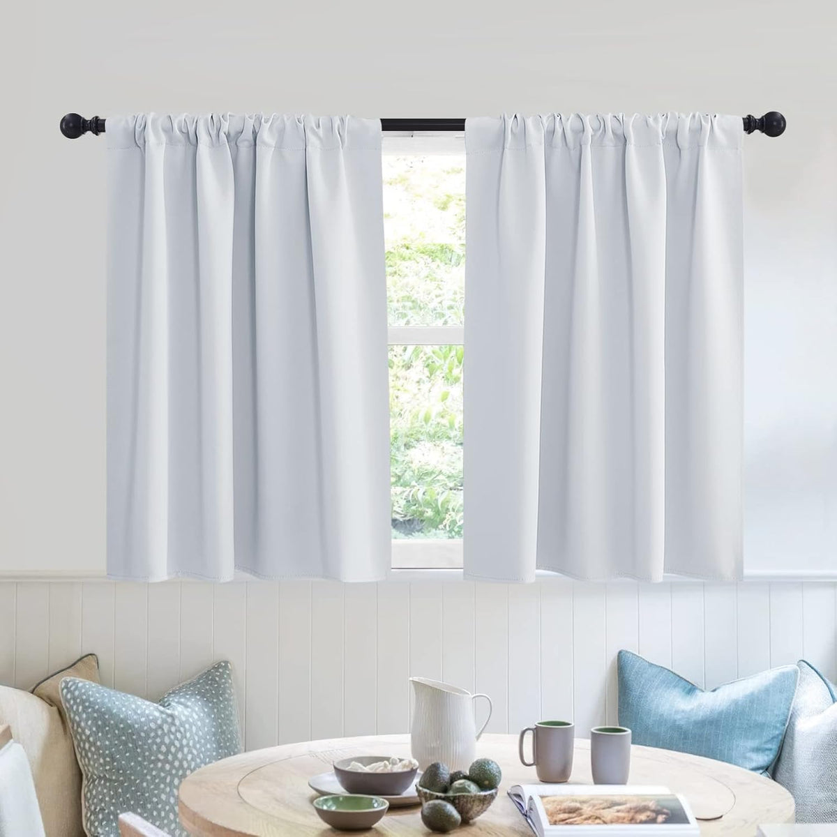 RYB HOME Short Curtains 2 Panels Set, Room Darkening Drapes Cafe Curtains Small Window Treatment for Bathroom Basement Studio Bunk Bed, Width 42 x Length 30 inches, Greyish White