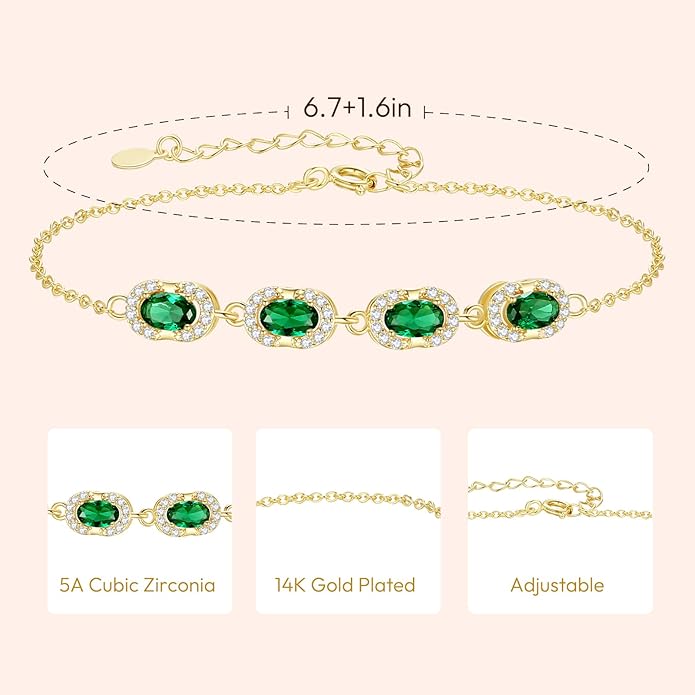 Birthstone Bracelets for Women, Gold Trendy Dainty Link Bracelet Jewelry Birthday Christmas Day Gifts for Women Girlfriend Friend Her Mom Wife