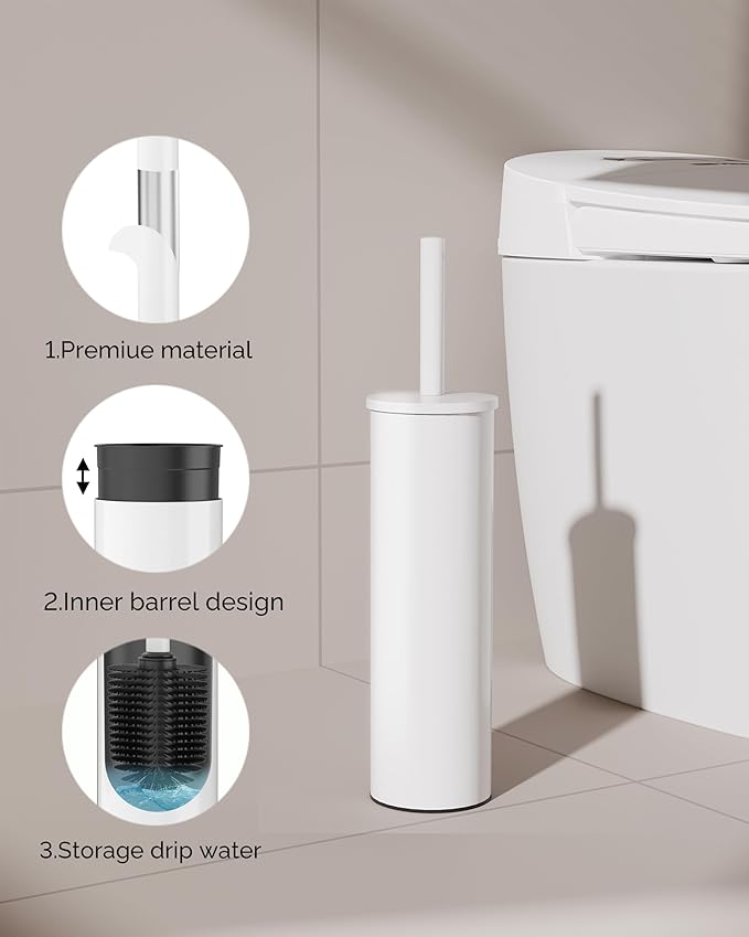 Toilet Brush and Holder Set, Stainless Steel Toilet Bowl Brush with Lid, Rust Proof Toilet Cleaner Brush with Caddy, Durable Bristles, Splash Proof, Ideal for Bathroom（1 Pack, White）