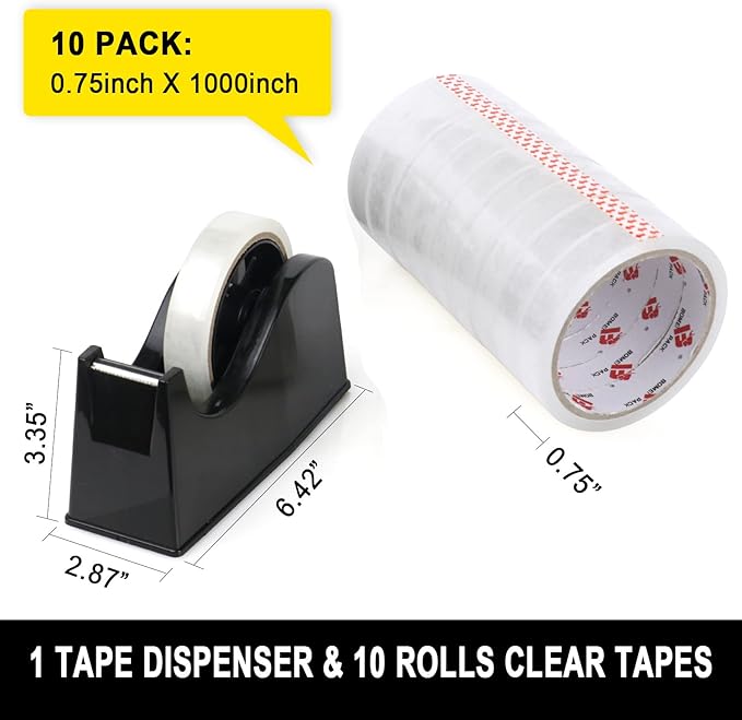 BOMEI PACK Desktop Tape Dispenser (Fits 1" & 3" Core) with Transparent Tape Refills, Clear Tape with Black Tape Holder,Weighted Non Slip Base, for Masking Tape,Heat Resistant Tape