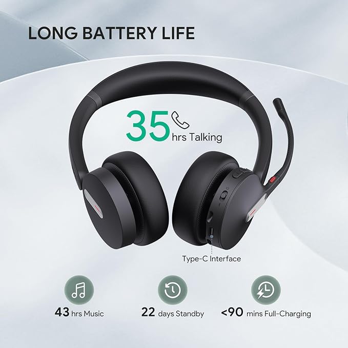 Yealink BH70 UC Wireless Bluetooth Headset with Microphone for Work, up to 35h Talking Battery, Teams UC Compatible Headsets for Computer Mobile, 147g Lightweight Headphone for Open Office 50m Range
