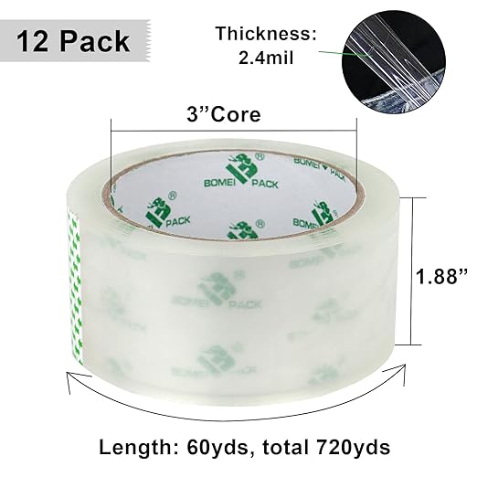 BOMEI PACK 12 Rolls Clear Packing Tape Rolls with Free Dispenser, Heavy Duty Refill Tape for Shipping Moving and Packaging, 2.4Mil 1.88 Inch x 60 Yard