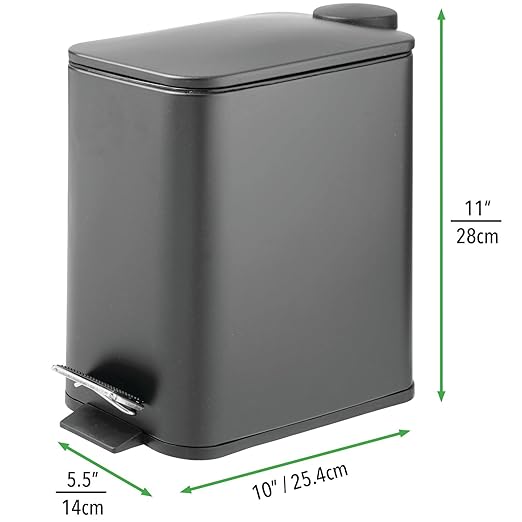 mDesign Rectangular Pedal Bin – 5 L Metal Waste Bin with Pedal, Lid and Plastic Bucket Insert – Household Rubbish Bin for Bathroom, Kitchen and Office – Dark Grey