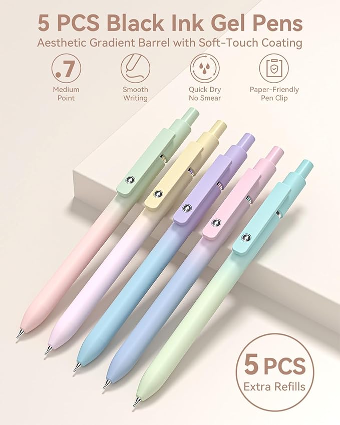 Four Candies 39 PCS Cute School Supplies with Pen Case for Girls - 5 Black Ink Gel Pens, 12 Pastel Highlighters, 6 Aesthetic Mechanical Pencils Set for Stationary College Essentials (Cream)