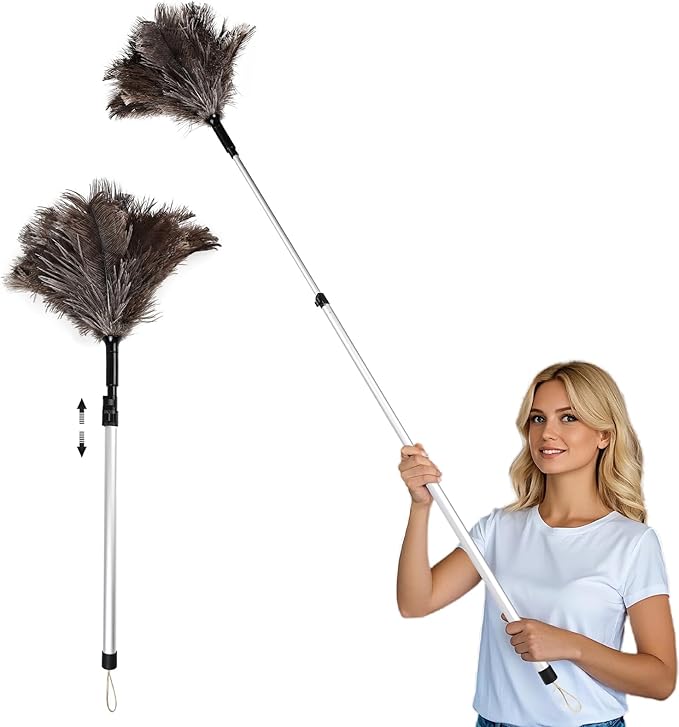 THARAHT Extendable Ostrich Feather Duster up to 25-49 inches Fluffy Feathers Long Handle Reusable for Cleaning Ceiling Fan Pendant lamp High Ceiling Blinds Furniture Feather Duster