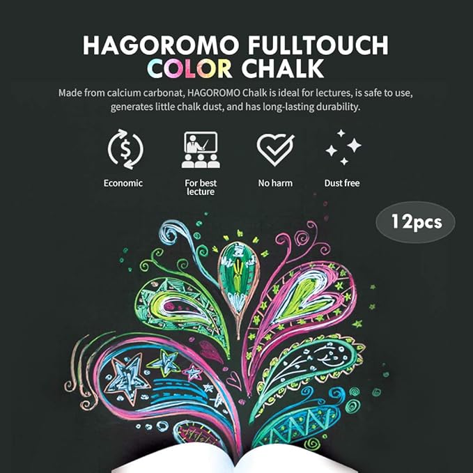 Hagoromo Fulltouch Color Chalk - Non-Toxic [12 Pcs/10 Color Mix] 1 Box, Dustless Washable Chalk for Kids & Professionals, Sidewalk & Blackboard
