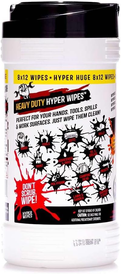 Hyper Wipes, 1 Pack Heavy Duty Hand & Tool Cleaning Wipes, 8"x12" Size Multi-Surface Cleaning Wipes, Degreasing, All Purpose Cleaner, Bathroom, Mechanic, Work Surface Wipes, 90 Count Canister