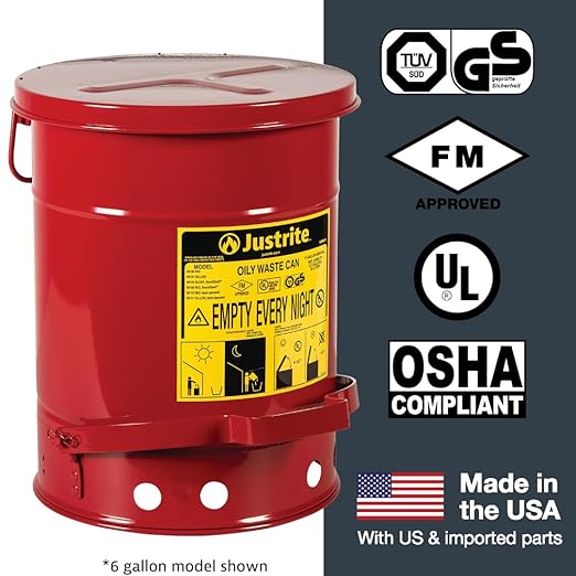 Justrite 6 Gallon Galvanized Steel Oily Waste Can, 16" x 12" Metal Oil Rag Safety Can with Quiet Foot-Operated Self-Closing Lid for Oil Rag Disposal, Made in The USA, Red, 09108