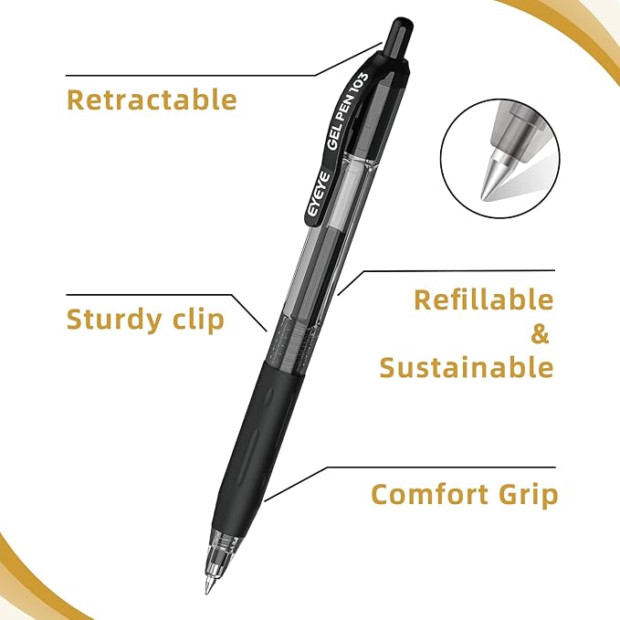 EYEYE G-103 Retractable Gel Pens Black 0.5mm, 25 Pack Extra Fine Point Gel Ink Pens Quick Drying, 0.5 mm Fine Piont Ballpoint Pen Smooth Writing for Office School Supplies