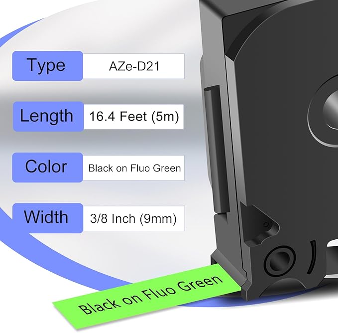 2 Pack Compatible for Ptouch TZe-D21 TZ-D21 TZe TZ Label Tape 9mm 0.35'' Laminated Black on Fluo Green Tape Label Maker Tape for PT-9700PC PT-1880 PT-1230PC PT-1280 PT-1800 PT-1830