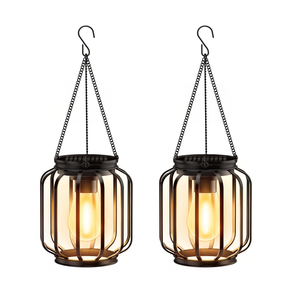 Solar Hanging Lanterns Outdoor: 2 Pack Metal Solar Hanging Lights with Hook, Bright - Warm Waterproof LED Lanterns for Outside, Classic Decorative Solar-Powered Light for Yard Garden Patio Porch Decor