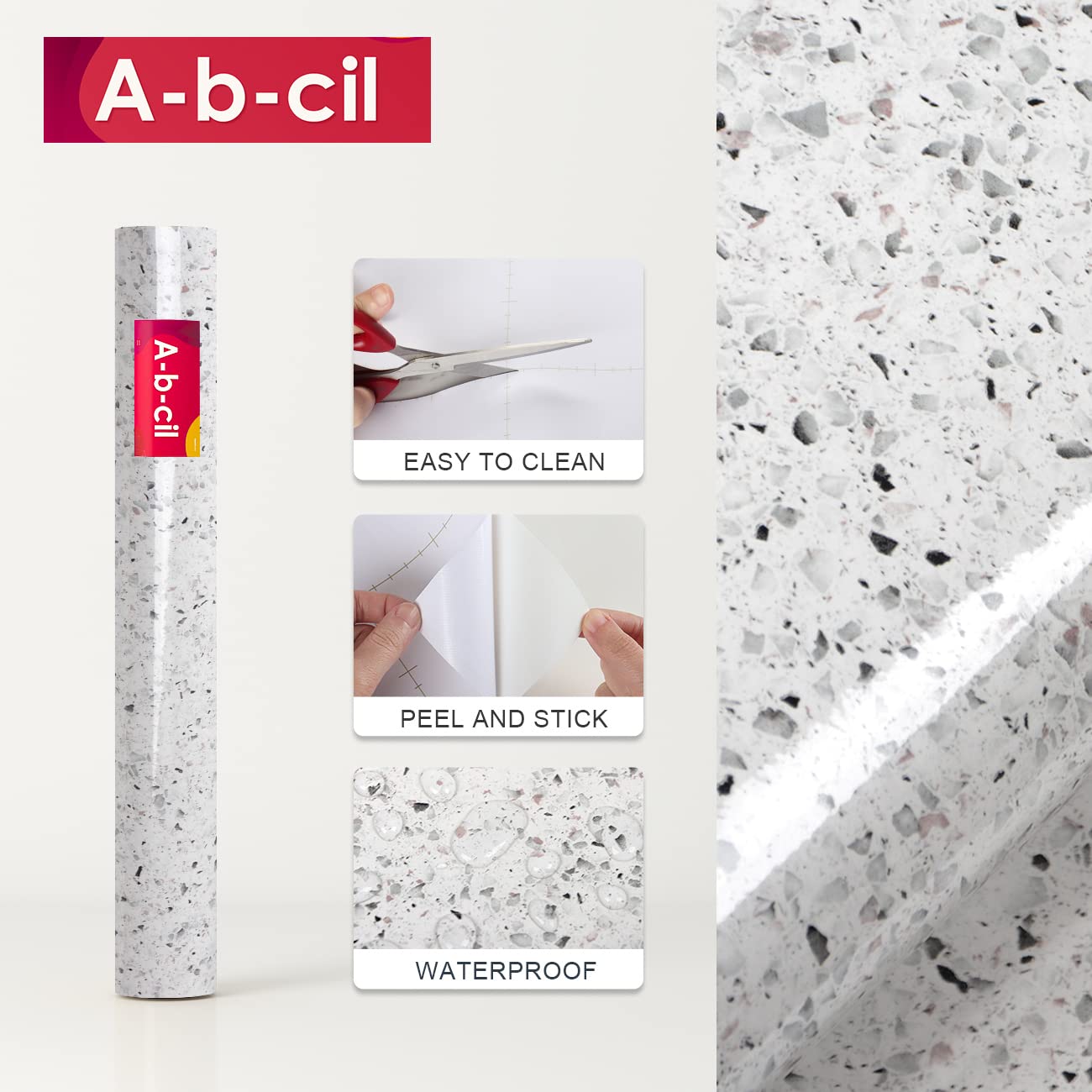 A-b-cil Gray White Granite Contact Paper 400" X 16" Terrazzo Wallpaper Peel and Stick Countertops Self Adhesive Waterproof Vinyl Film for Kitchen Counters Bathroom Counters Wall Paper
