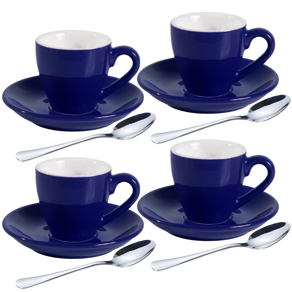 homEdge Porcelain Espresso Shot Cup Set with Saucers and Stainless Steel Spoons - 80 ml / 2.67 oz, Set of 4, Navy