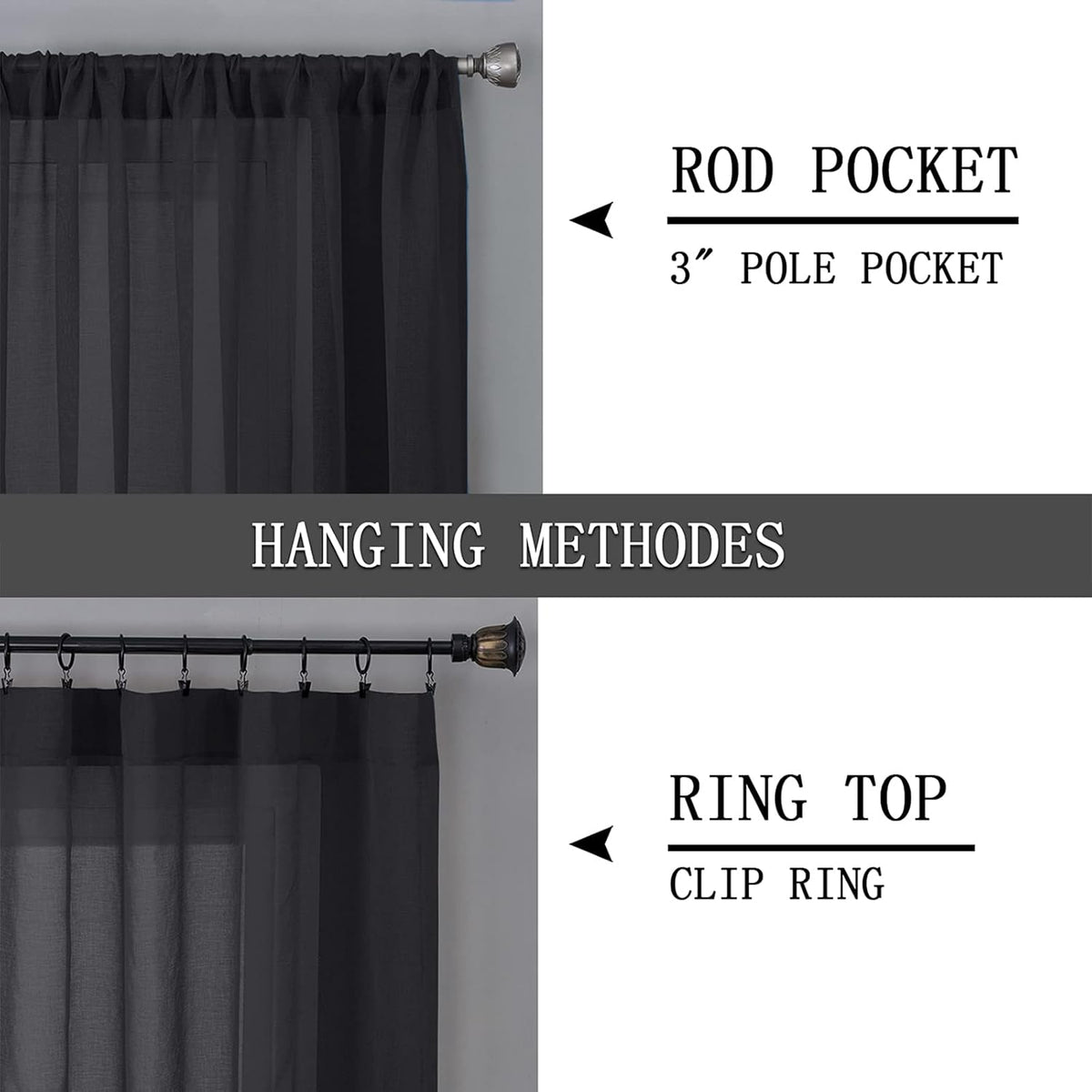 Tollpiz Sheer Curtains Linen Textured Bedroom Curtain Sheers Light Filtering Rod Pocket Voile Curtains for Living Room, 54 x 84 inches Long, Black, Set of 2 Panels