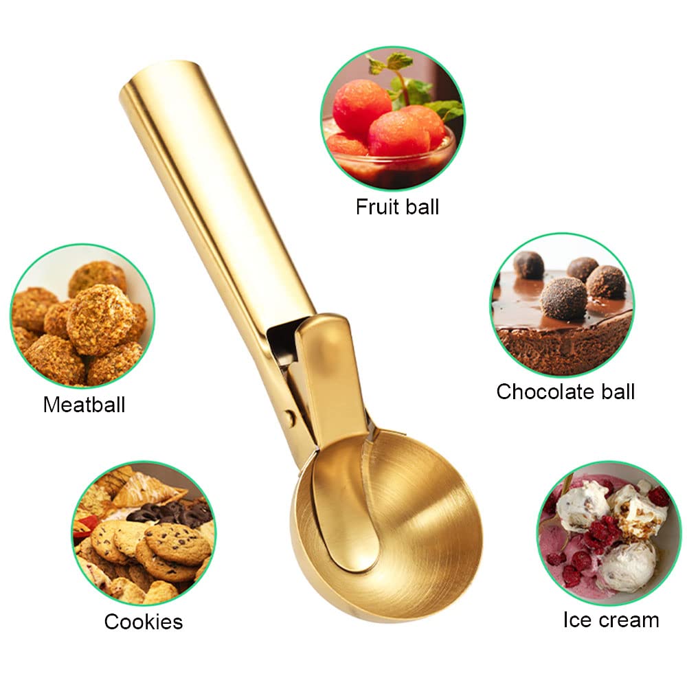 Ice Cream Scooper Stainless Steel, Cookie Scoopwith Trigger Heavy Duty Metal Icecream Scoop,Cookie Scoop Large Size Perfect For Frozen Yogurt, Gelatos, Sundaes (C-Gold 2Pack)