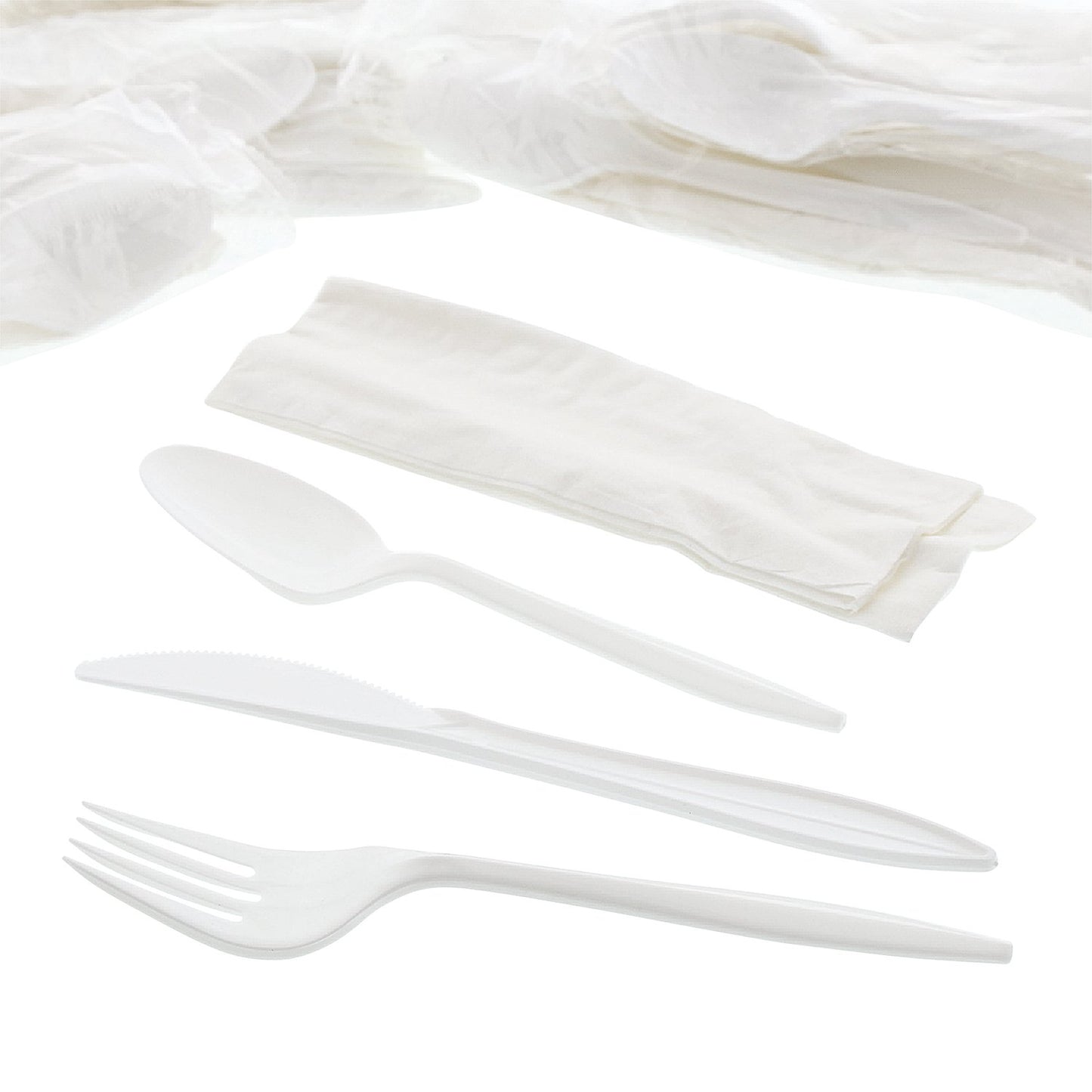 AmerCareRoyal 4-in-1 Disposable Silverware Medium Weight Plastic Utensil Set with Teaspoon, Fork, Knife and 12x13 inch Napkin - Individually Wrapped Cutlery Meal Kit, White, Case of 250