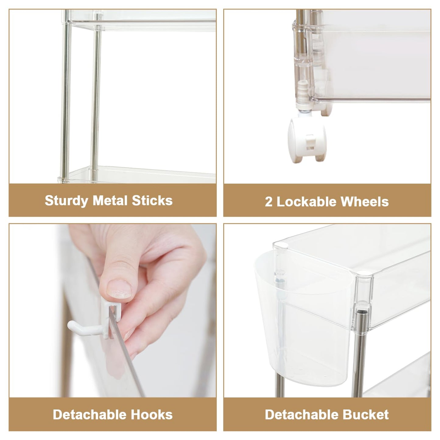 VECELO 3-Tier Acrylic Rolling Cart, Utility Cart for Kitchen Storage, Mobile Shelves Slide-Out Organizers with 2 Lockable Wheels&Hooks for Bathroom Laundry Room Living Room Office, Clear