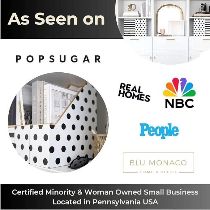 BLU MONACO Set of 4 Stylish Magazine File Boxes - 2 Black and White Stripes and 2 Polka Dots - Office Organization and Storage, Paper Organizer for Desk - Workspace and Classroom Organization