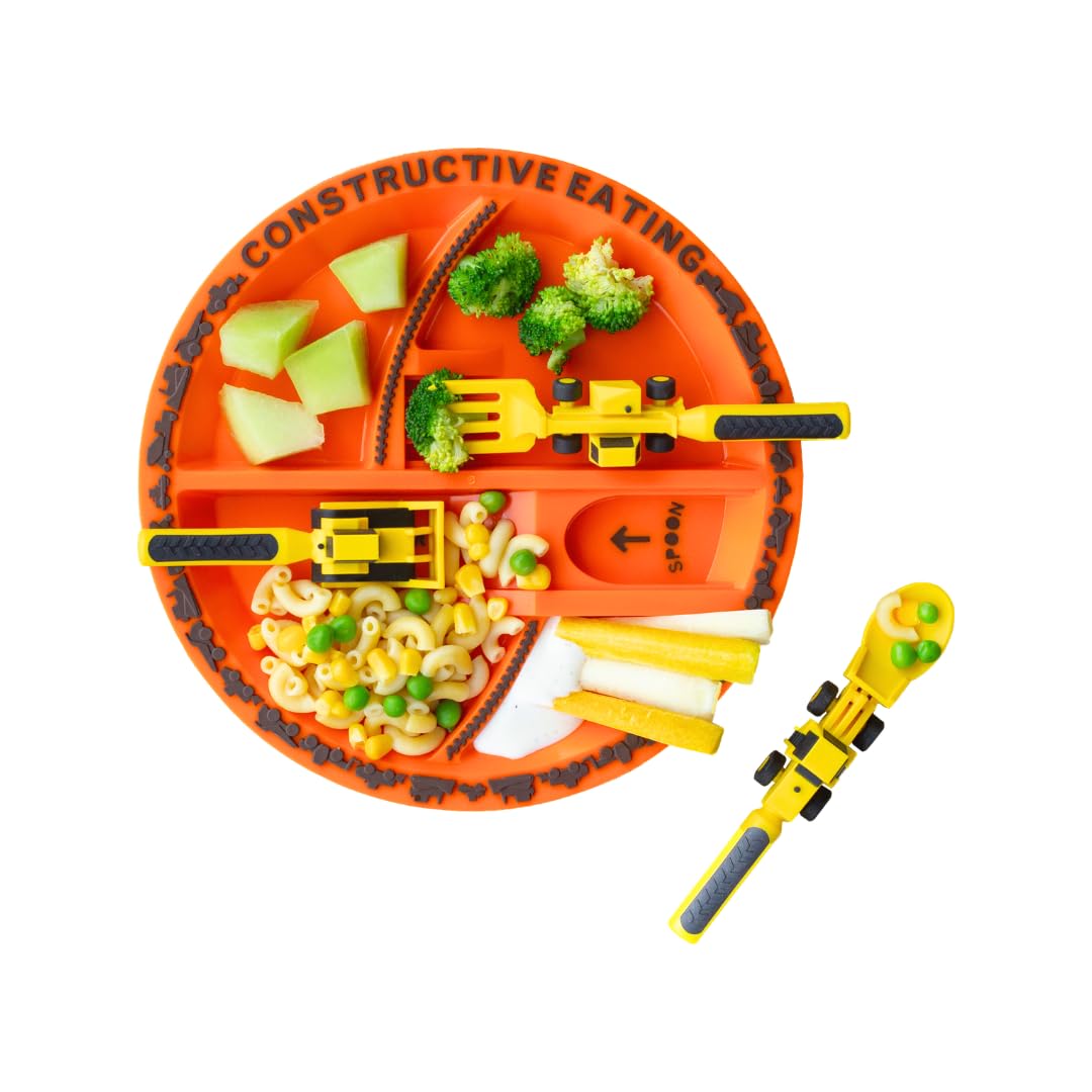 Constructive Eating Plate and Utensils Set - USA-Made Toddler Dinnerware with Divided Plates (Construction)