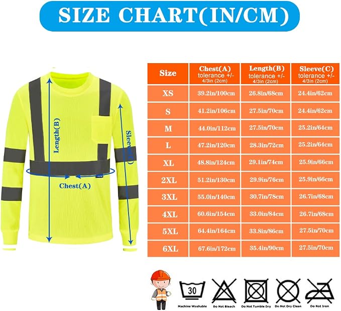 A-SAFETY Safety Shirt,High Visibility Work T Shirt Long Short Sleeve Class 3 (XS-6XL)