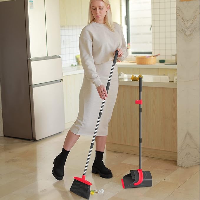 Broom and Dustpan Set,Broom with Dustpan Combo Set Dust pan with Long Handle, for Home Kitchen Room Office Lobby Floor Use Upright Stand Up(Gray&Red)