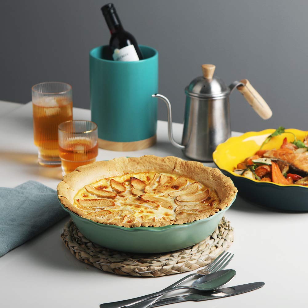 Sweejar Ceramic Pie Pan, 10 Inch Round Baking Dish, Non-Stick with Soft Wave Edge for Apple, Pumpkin, Pot Pies (Green)