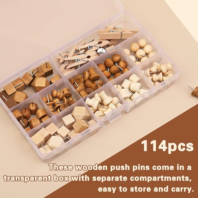 114 Pcs Wood Push Pins, 2 Colors and 7 Types Decorative Thumb Tacks Wooden Head Pin Map Tacks Marking Pin, Wood Thumb Tacks Decorative for Bulletin Boards Craft Projects with Storage Box