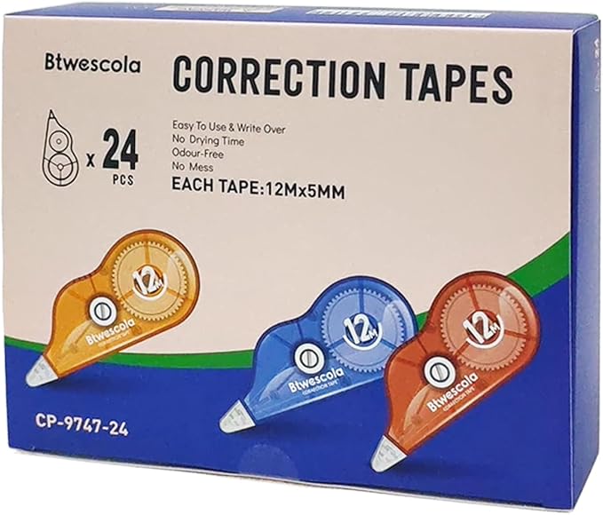 Correction Tape, 39.37FT Gift Packed Tear-Resistant Correction Tape, Tape for School, Office, With Roller Adjuster (9747-24pcs)