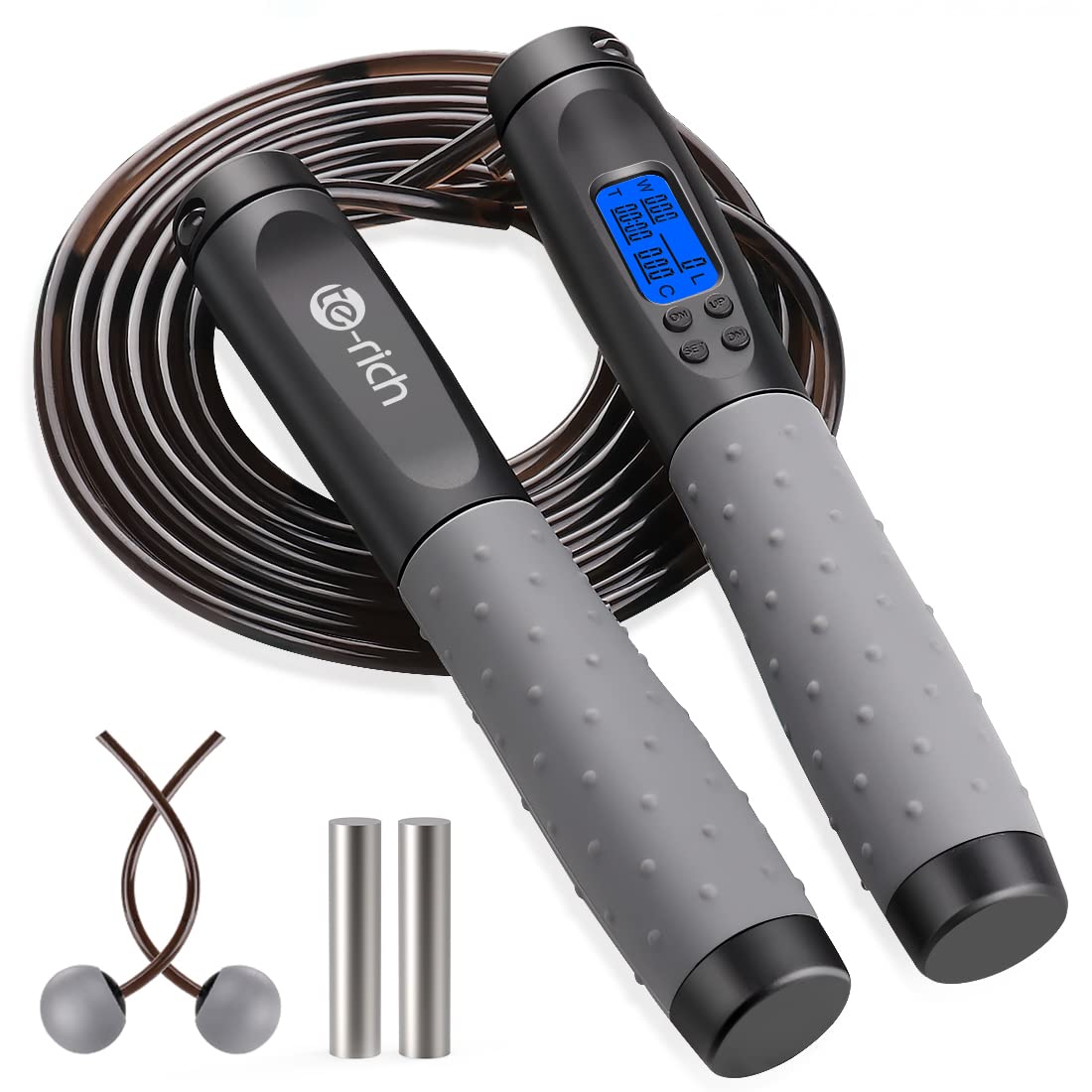 Te-Rich Weighted Skipping/Jumping Rope with Counter for Men Women Kids Fitness Exercise Training - Heavy Handles, Adjustable Length - Cordless