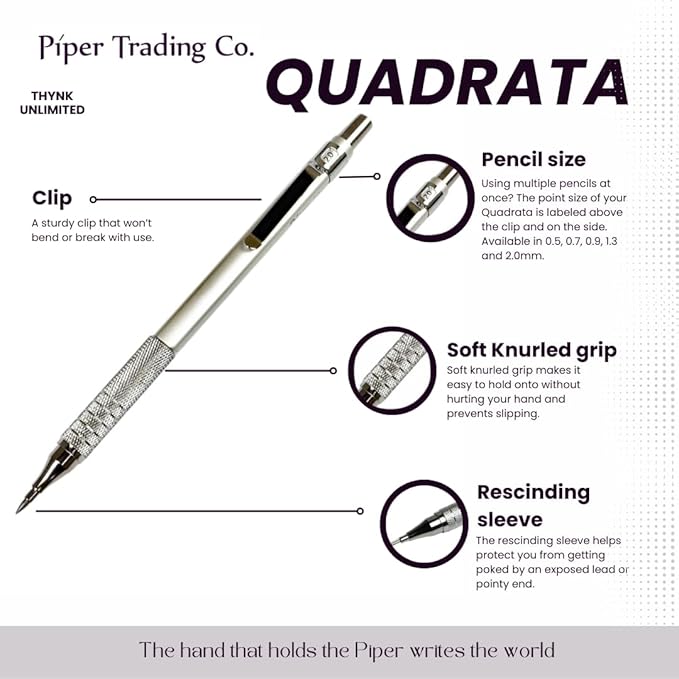 PIPER Quadrata Metal Mechanical Pencil 0.7mm with Erasers and HB #2 Lead Refills for Art, Sketching, Writing, Drafting (BluVerde)