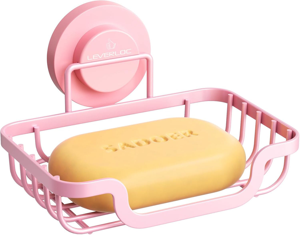 LEVERLOC Soap Dish, Soap Bar Holder for Shower Suction Cup Wall Mounted, Stainless Steel No-Drilling Removable Waterproof Sponge Holder for Bathroom Bathtub Kitchen Sink, Keep Dry, Pink