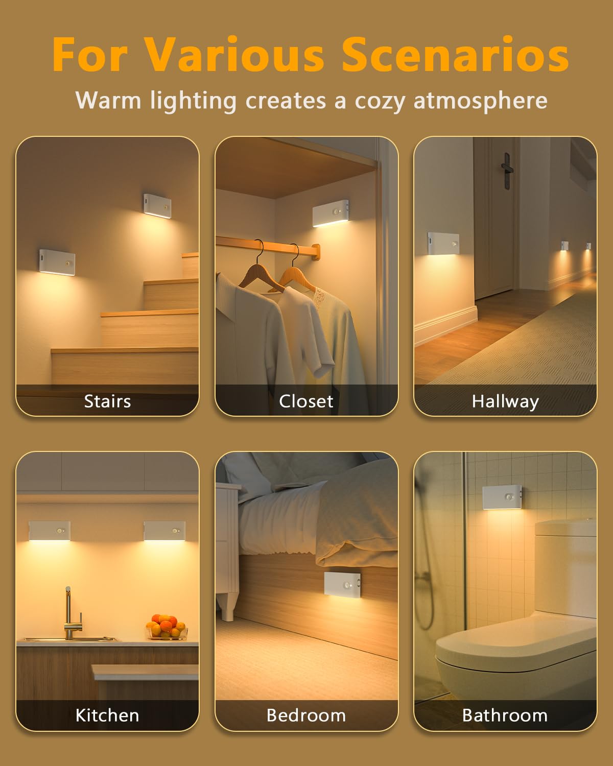 WILLED Rechargeable Night Lights, Warm White Motion Sensor Night Lights, Wireless Stair Lights Indoor for Stairway, Hallway, Kitchen, Closet, Cabinet, Bedroom, Kids' Room(8-Pack)