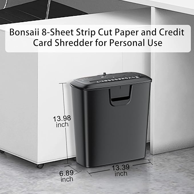 Bonsaii 8-Sheet Strip-Cut Shredder for Home – Compact Home Office Paper Shredder with Overheat Protection, Capable of Shredding CDs and Credit Cards, Includes a 3.4-Gallon Waste Bin