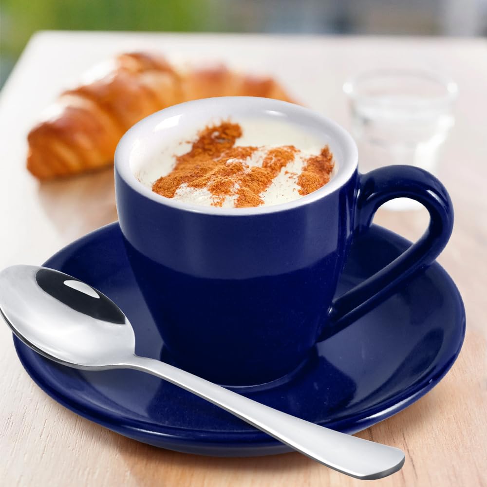 homEdge Porcelain Espresso Shot Cup Set with Saucers and Stainless Steel Spoons - 80 ml / 2.67 oz, Set of 4, Navy