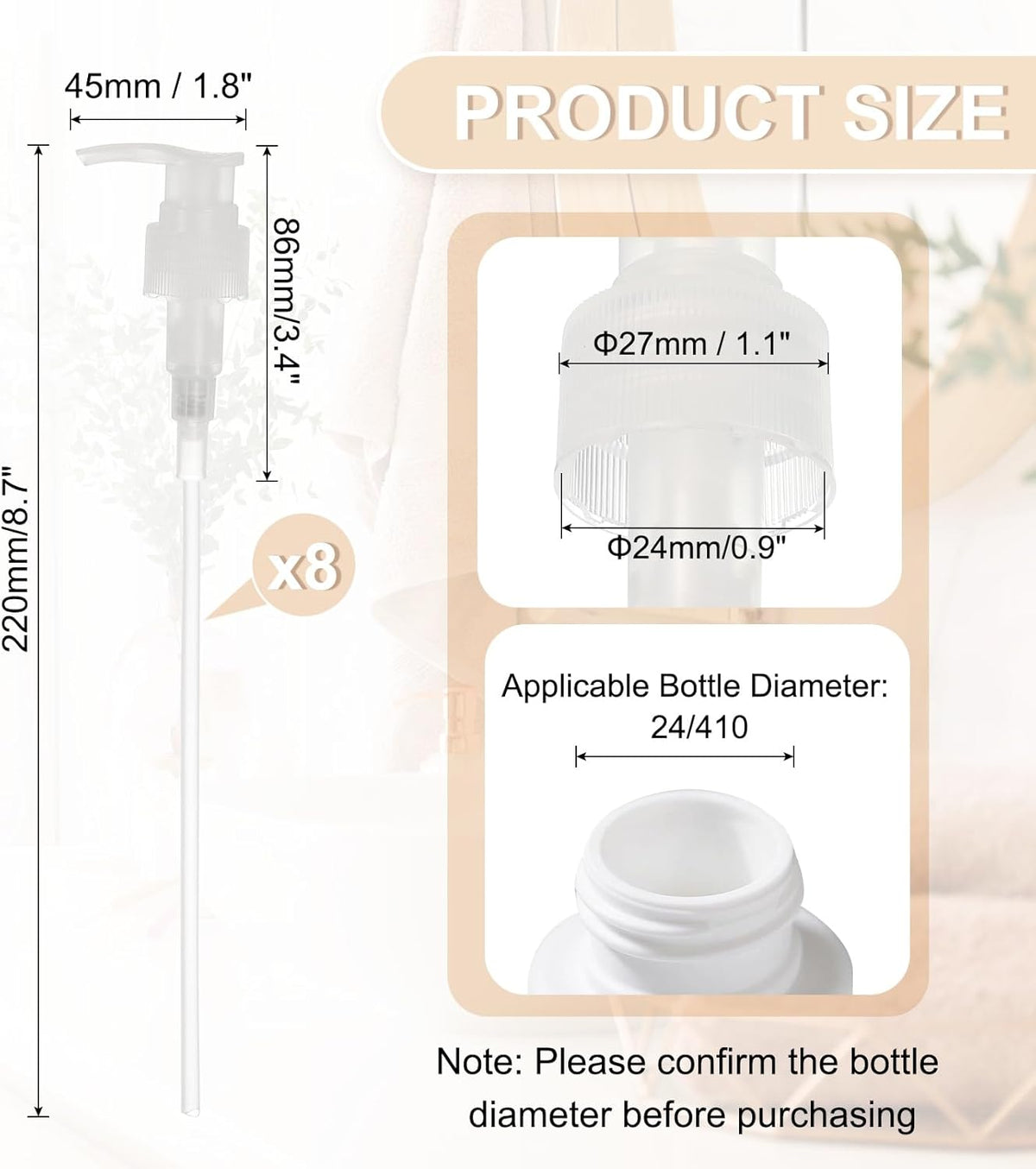 uxcell 8 Pcs Soap Dispenser Pump Heads Soap Dispensers Top Pumps Replacement Switch Pumphead for Standard 24/412 Neck Size Lotion Shampoo Bottle, Transparent