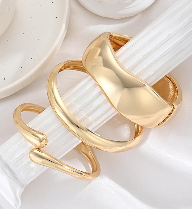 Chunky Gold Bangle Bracelets for Women, Dainty 14k Gold Plated Big Stackable Bangles Set, Trendy Statement Cuff Bracelet Stack Fashion Jewelry Christmas Gifts