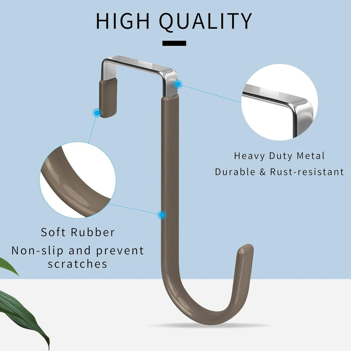 FYY Over The Door Hooks, 4 Pack Door Hangers Hooks with Rubber Prevent Scratches Heavy Duty Organizer Hooks for Living Room, Bathroom, Bedroom Hanging Clothes, Towels, Hats, Coats, Bags Brown