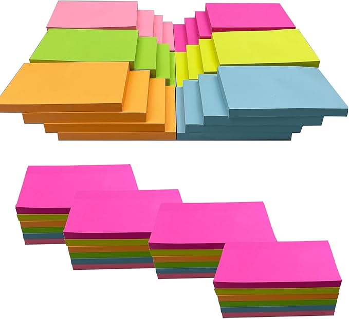 3 in x 5 in Large Sticky Notes, 76 x 127 mm 6 Pads Assorted Self-Stick Pads for Notebook,Office,School and Home,80 Sheets/Pad (24 Pads Brillant)