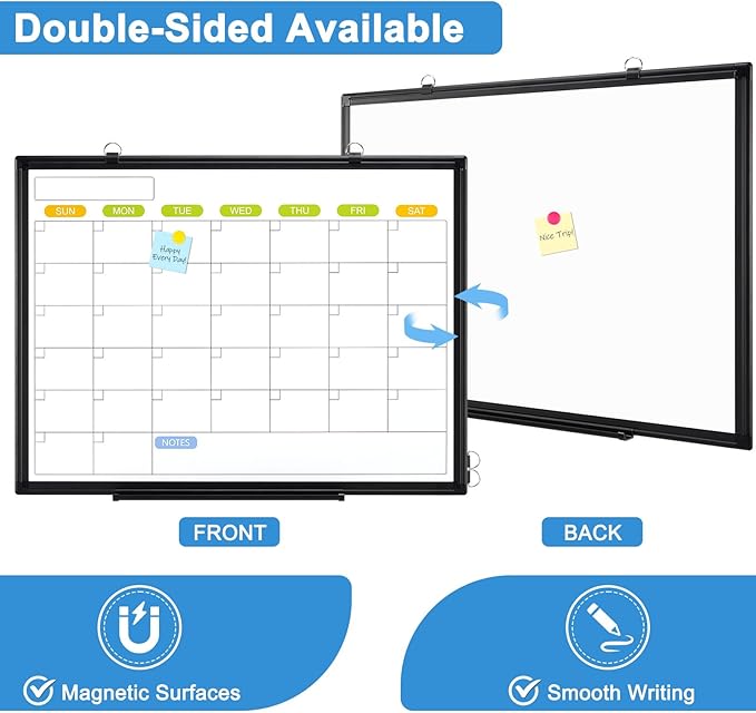 Dry Erase Calendar Whiteboard for Wall, WALGLASS 36" x 24" Magnetic White Board, Monthly Dry Erase Calendar with Silver Aluminum Frame, Double-Sided Hanging Portable Board for Office, Home, School