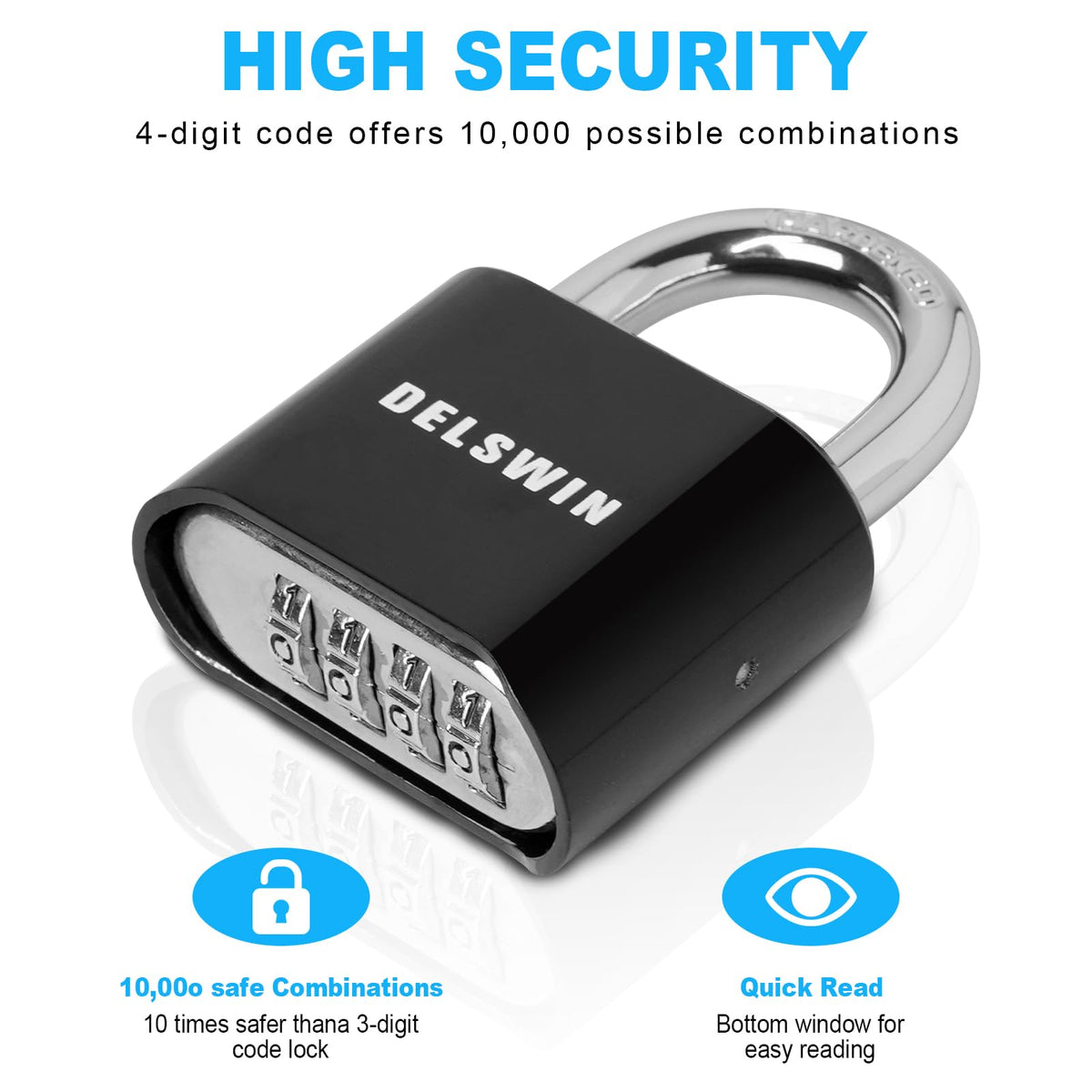 DELSWIN 4-Digit Combination Lock Outdoor Padlock - Heavy Duty Locker Lock with Hardened Steel Shackle, Waterproof Combo Lock for Gym Locker, Hasp Storage, Shed, Fence, Gate (Black,1Pcs)