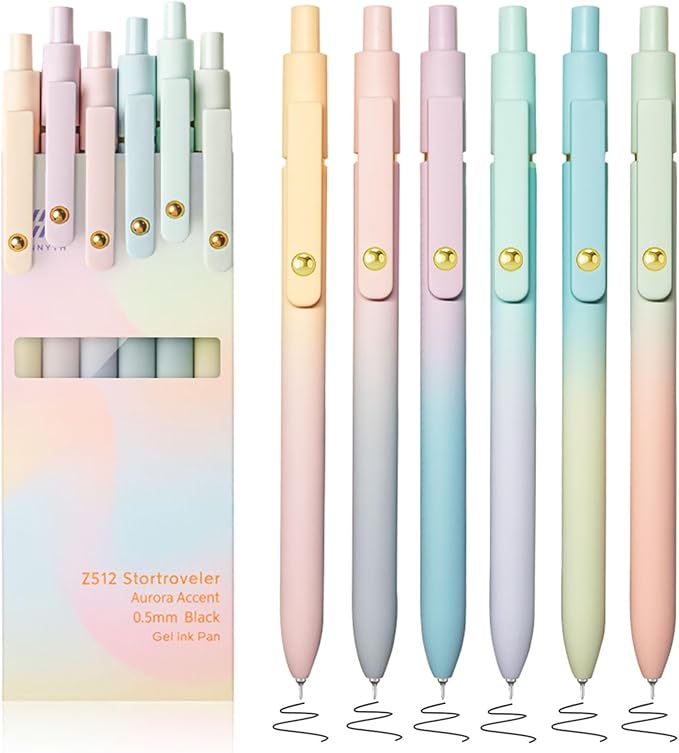 6pcs Gel Pens,0.5mm Fine Point Black Ink Pens With Smooth Writing,Premium Cute Rolling Ball Pastel Aesthetic Comfort Grip for School Office Supplies