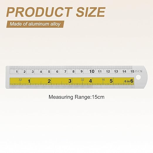 HARFINGTON 6pcs Metal Straight Ruler 15cm Metric SAE Aluminum Alloy Measuring Rulers Scale Tool with Hole for Measure Study Reading Classroom Office, Yellow