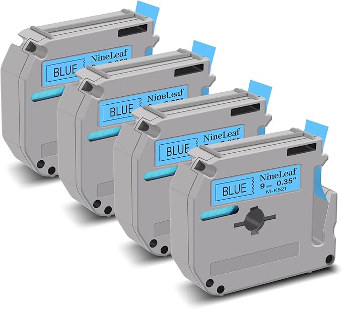 NineLeaf 4 Pack Compatible for ptouch M Label Tape MK521 M-K521 M521 Black on Blue 3/8" (9mm) x 26.2ft (8m) Labeling Refill Cartridge Work in PT-45M PT-65 PT-70 PT-80 PT-M95 Label Maker